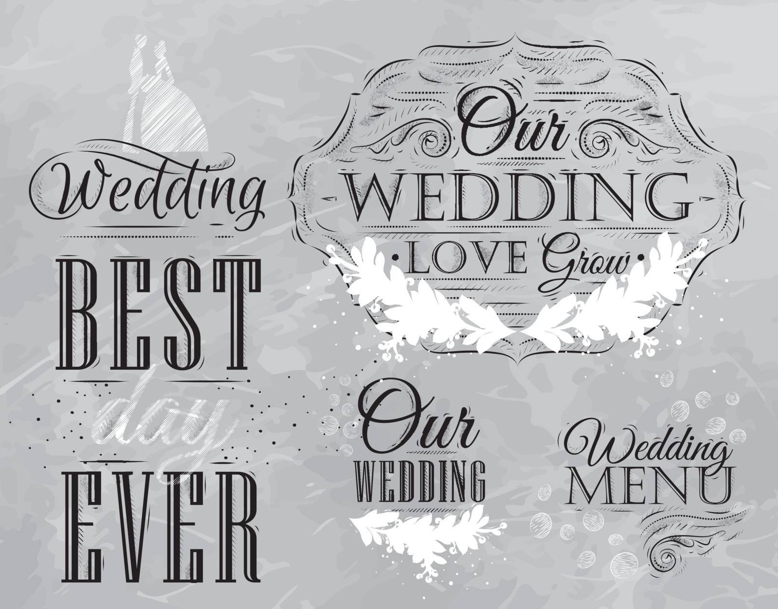 Set Wedding lettering stylized drawing with coal.