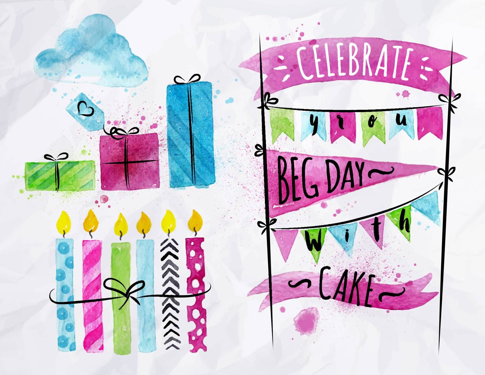 Set of birthday element drawing watercolor on crumpled paper