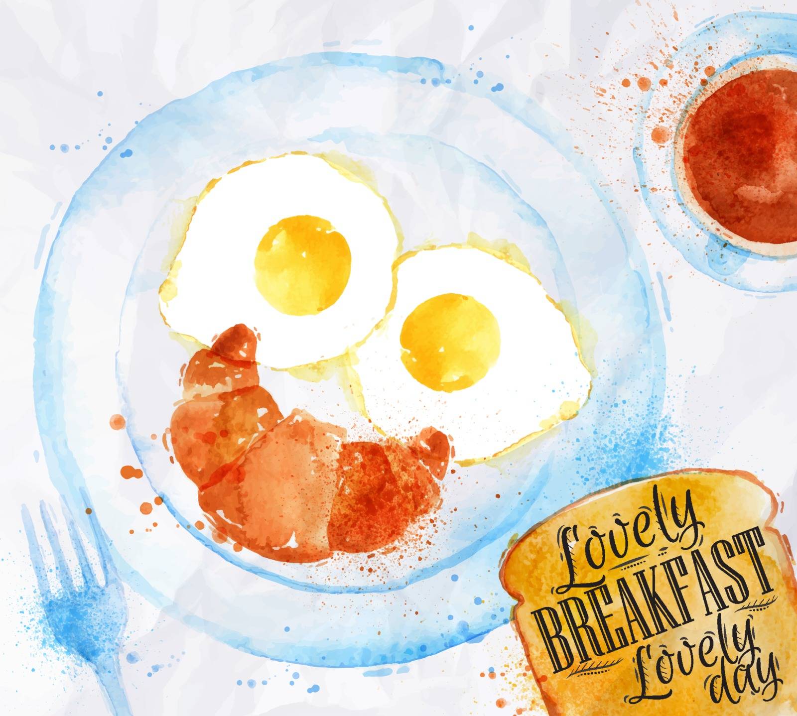 Breakfast painted with watercolors on a plate scrambled and a croissant as a person with smile a fork and tea with breakfast lettering lovely breakfast lovely day
