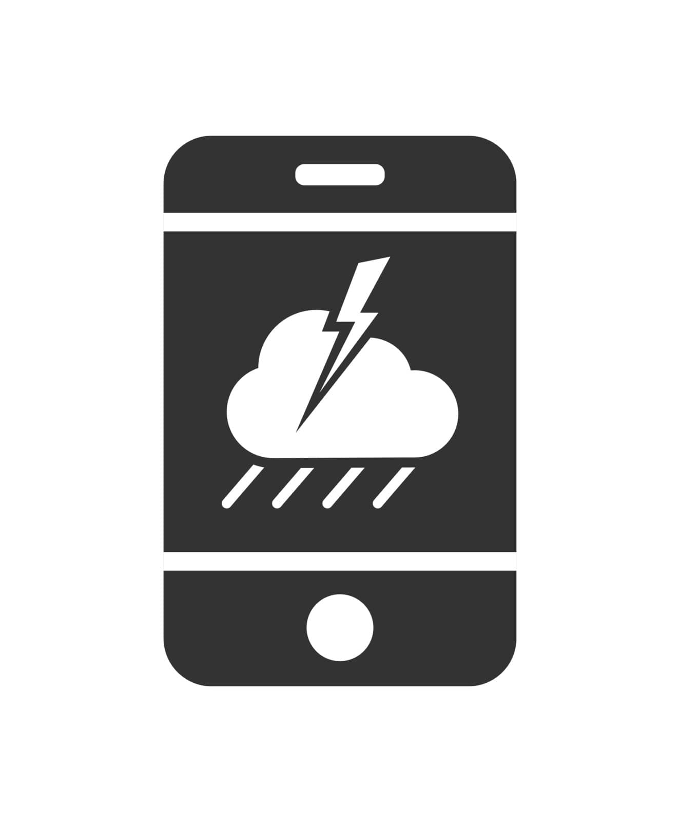 Vector mobile phone icon with a cloudy icon with rain and thunderstorm. Simple flat design for apps and web sites.
