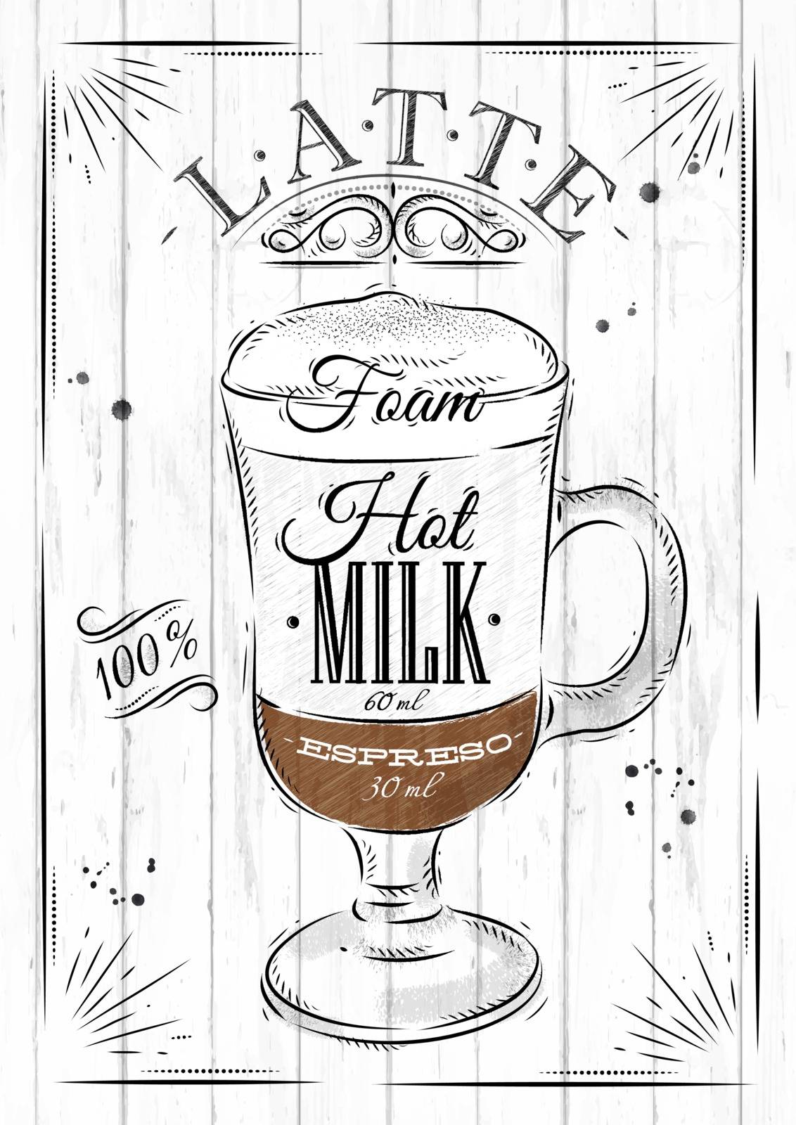 Poster coffee latte in vintage style drawing on wood background