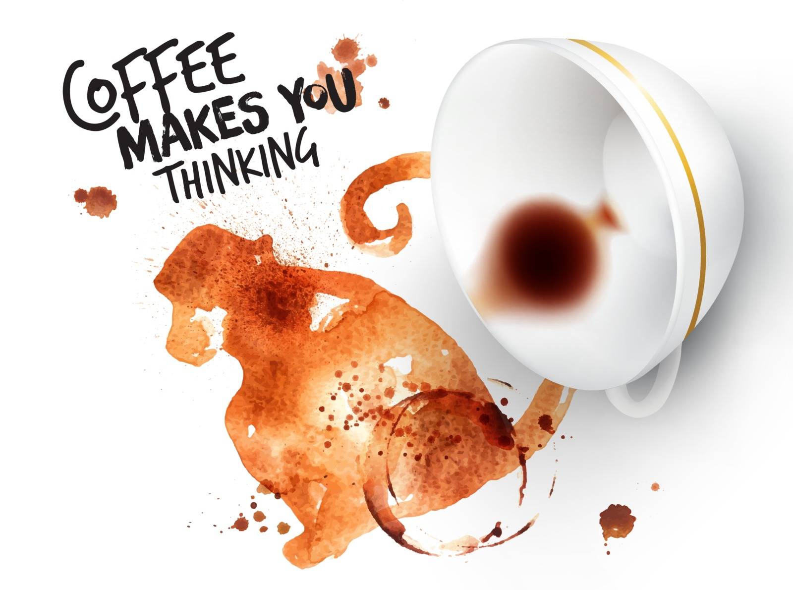 Poster drawn coffee imprint of monkey and inverted cup with spilled coffee, lettering coffee makes you thinking.
