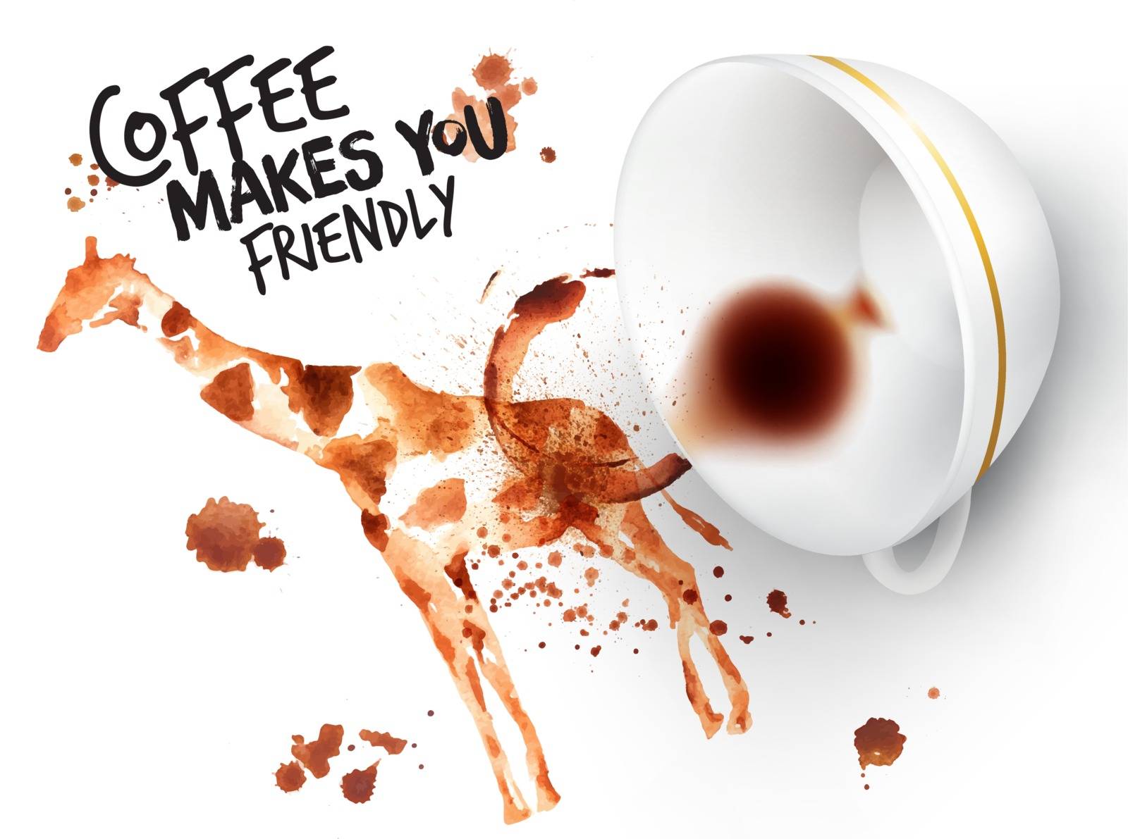 Poster drawn coffee imprint of giraffe and inverted cup with spilled coffee, lettering coffee makes you friendly.