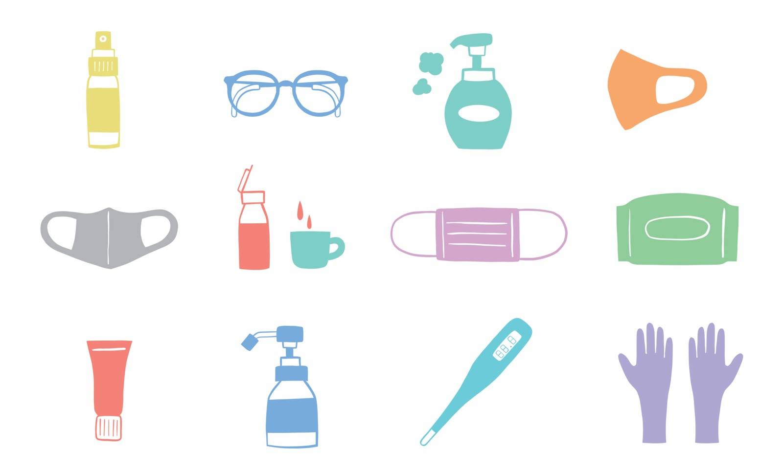 Illustration of Medical mask, sanitizer bottles, sanitizer spray,washing gel, soap, gloves, glasses, Mouthwash, Thermometer. by Umbrella