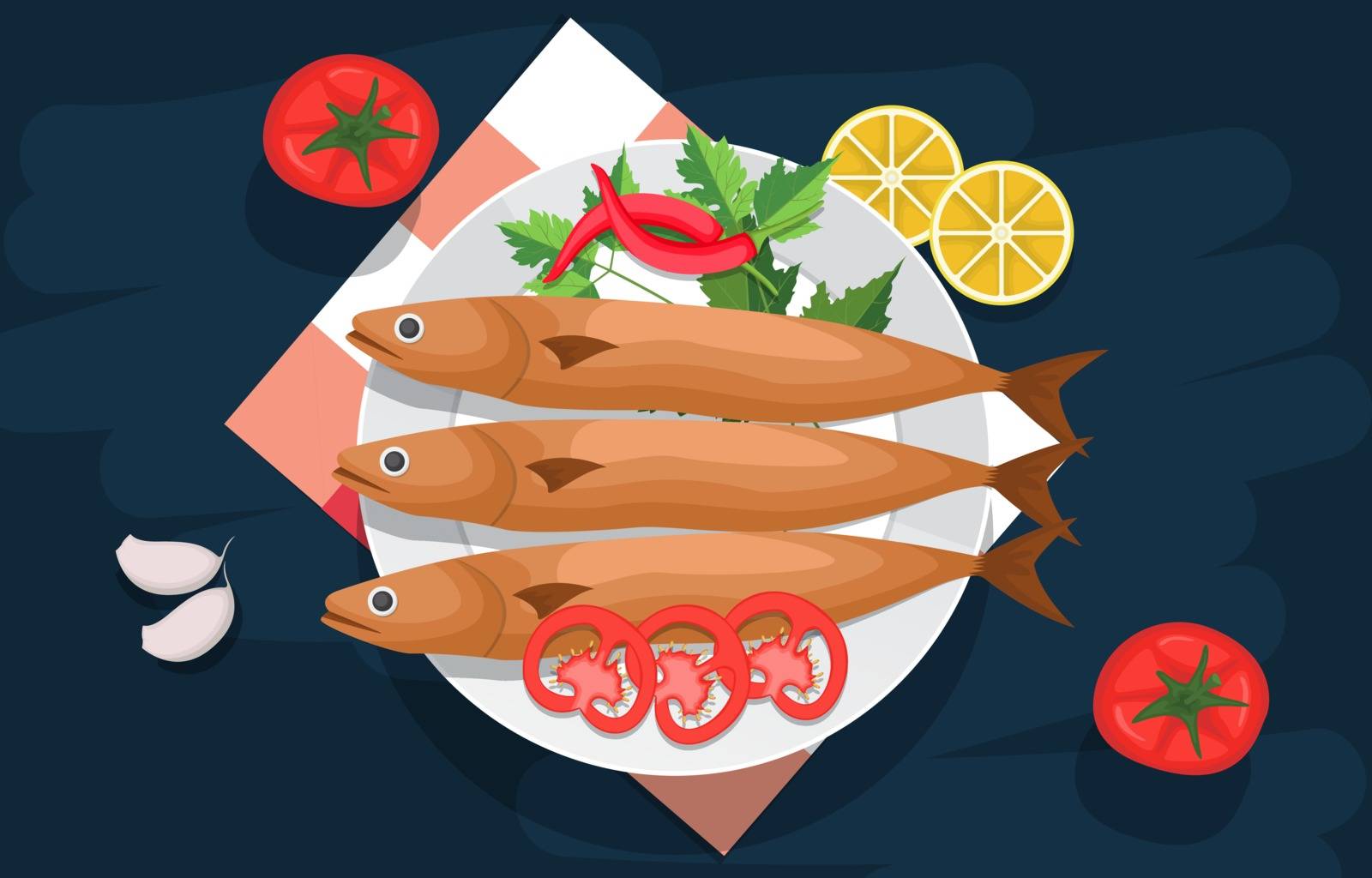 Fish Vegetables Food Photography Delicious Tasty Menu on Table Illustration by jongcreative