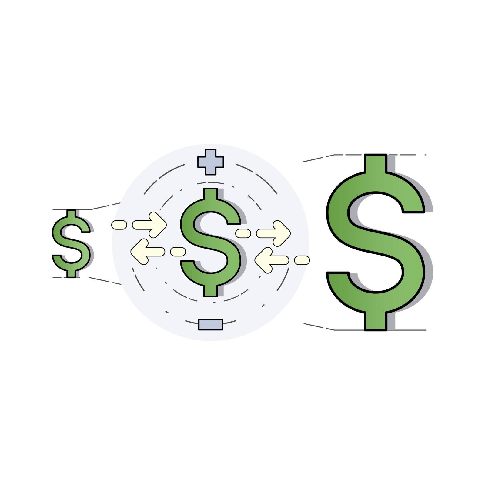 Dollar signs arrange in order of size from smallest to largest representing the value of money. Currency rate, exchange rate. Vector illustration outline flat design style.