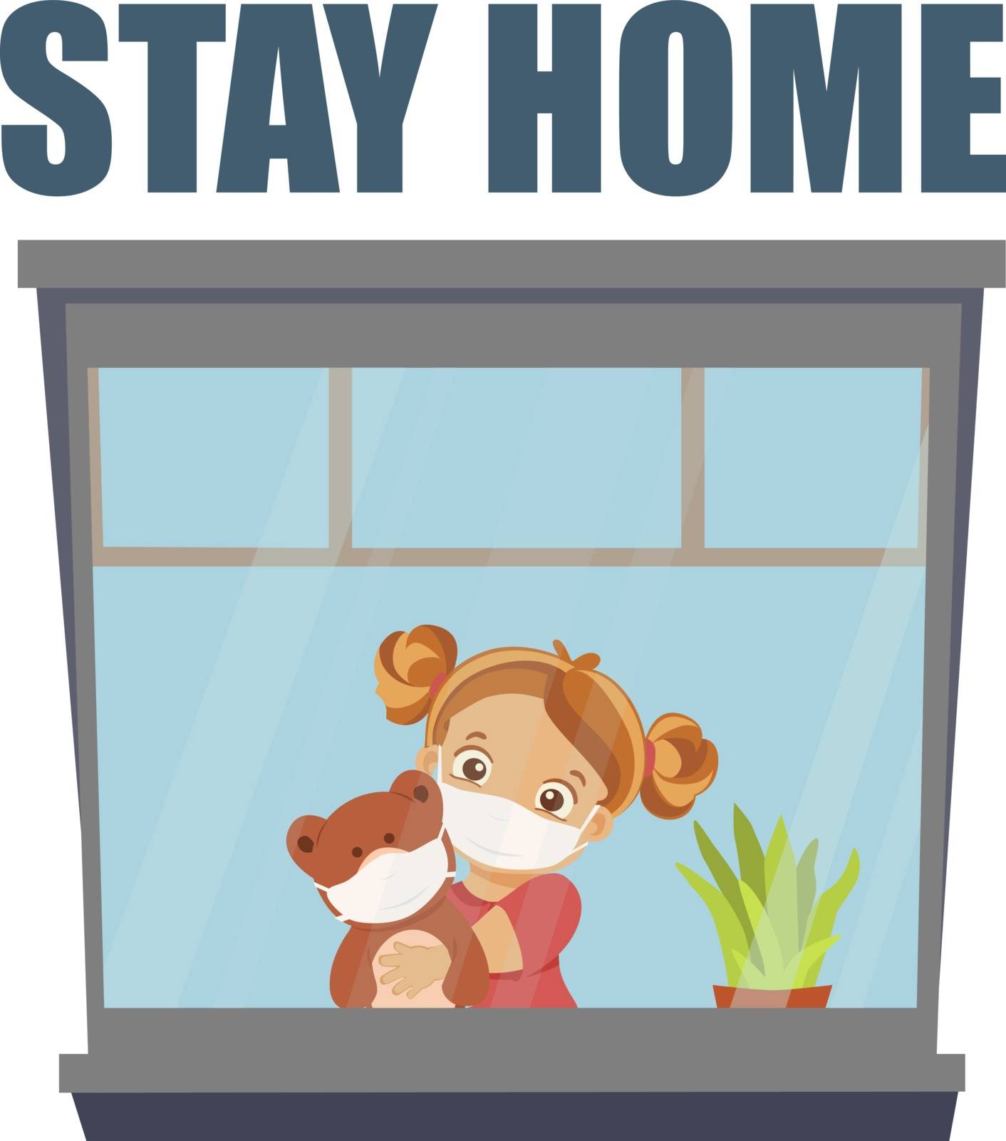 Stay home during the epidemic. Sad girl looks out the window. Vector illustration.