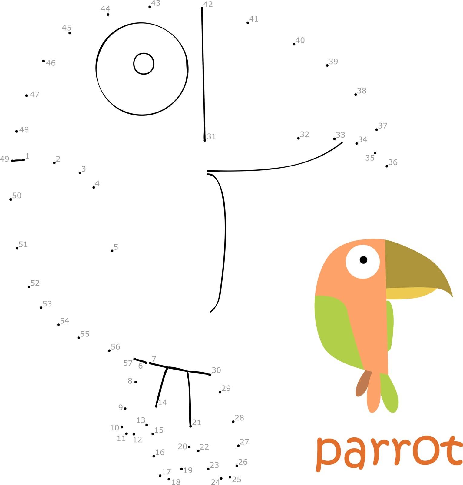 Coloring book and dot to dot game for children. Numbers game. parrot vector illustration