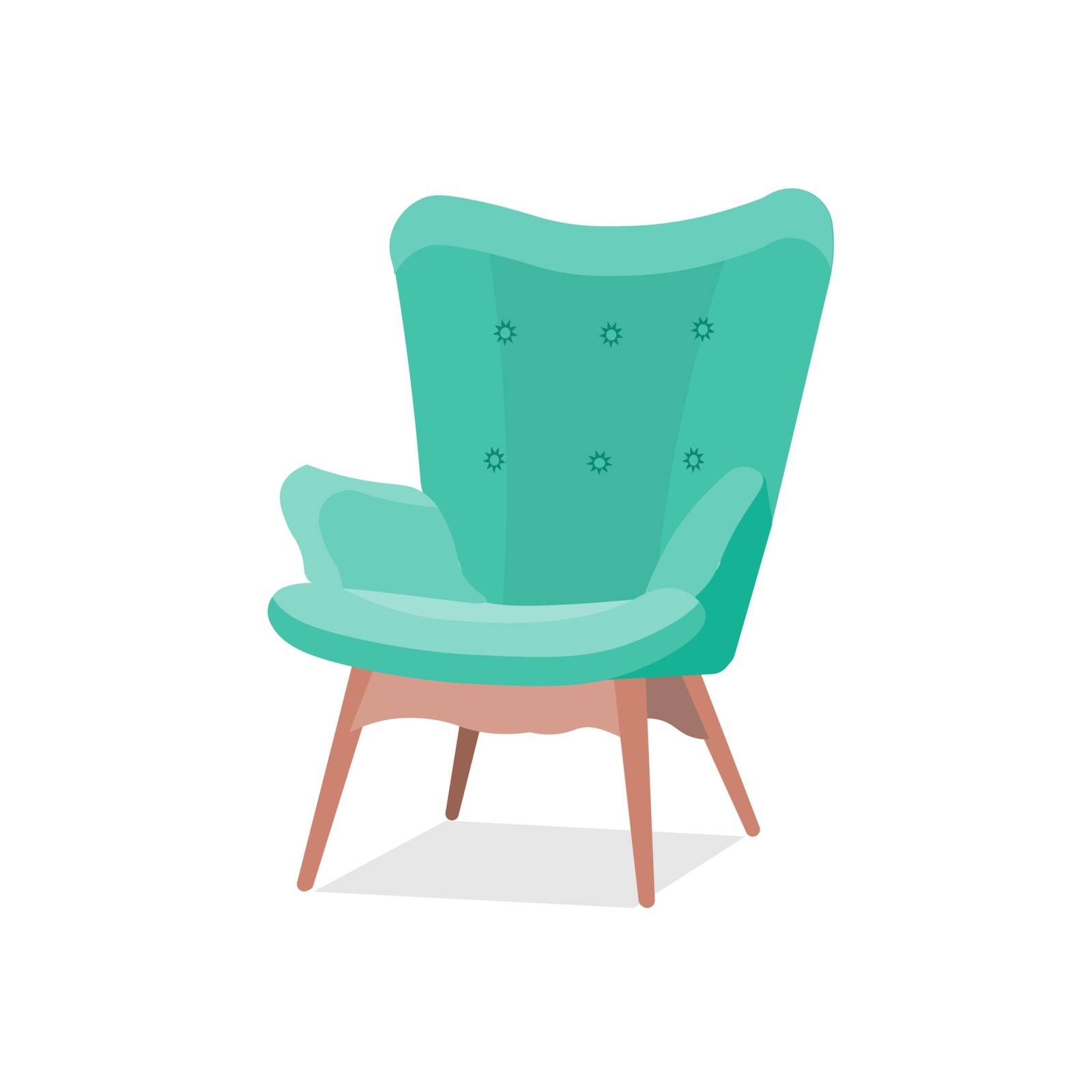Stylish trendy model of an armchair in a trendy green color with armrests on wooden legs. Isolated vector illustration of cozy interior item in cartoon flat style.
