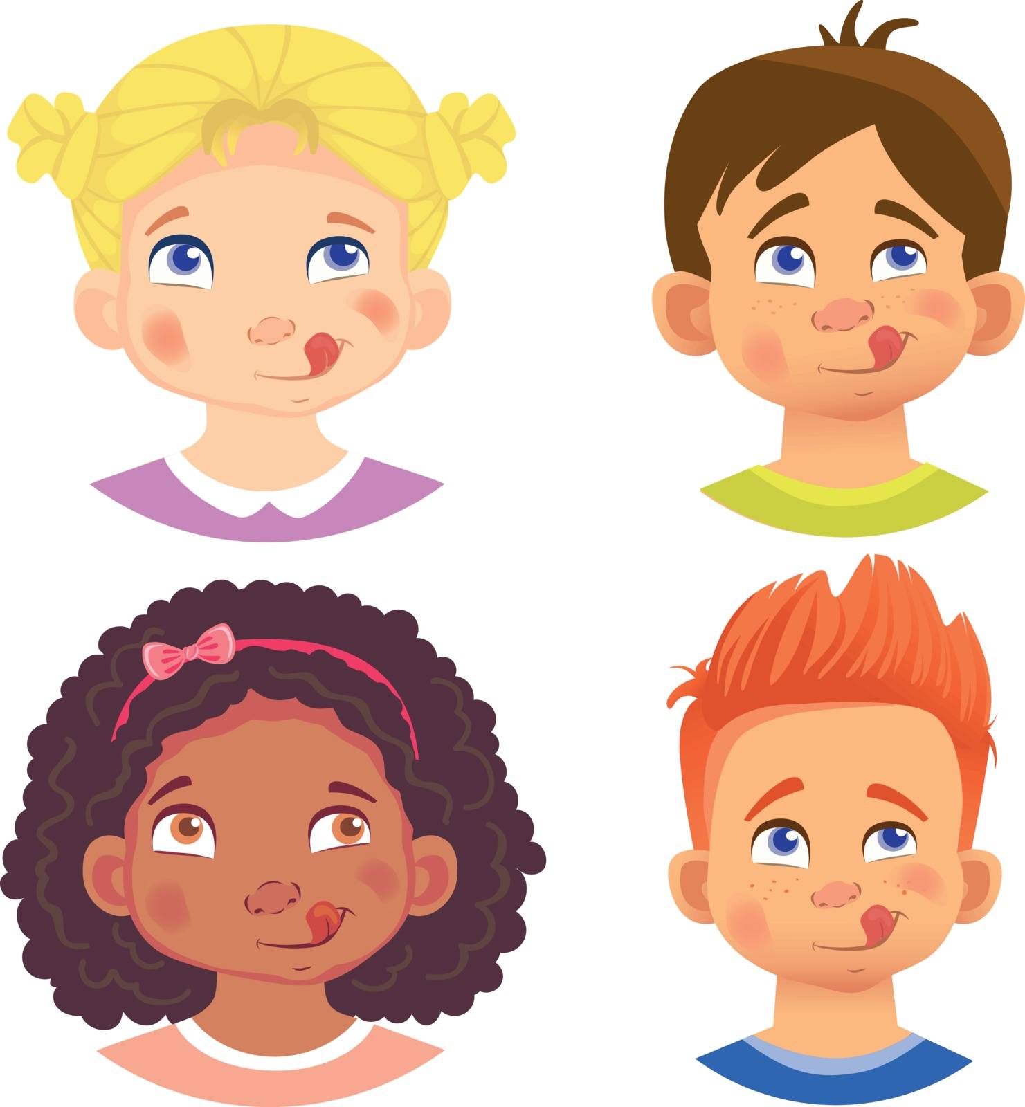 Set of girls and boy character. Children emotions. Facial expression. Set of emoticons. Flat vector illustration. Yum