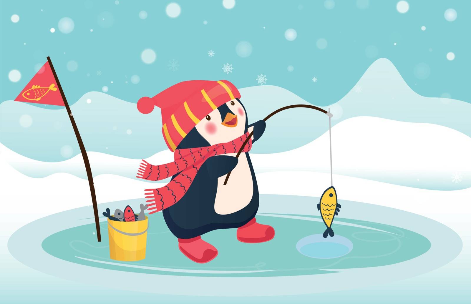 Penguin fisherman caught fish. Cartoon Fisherman and fish. Ice fishing vector
