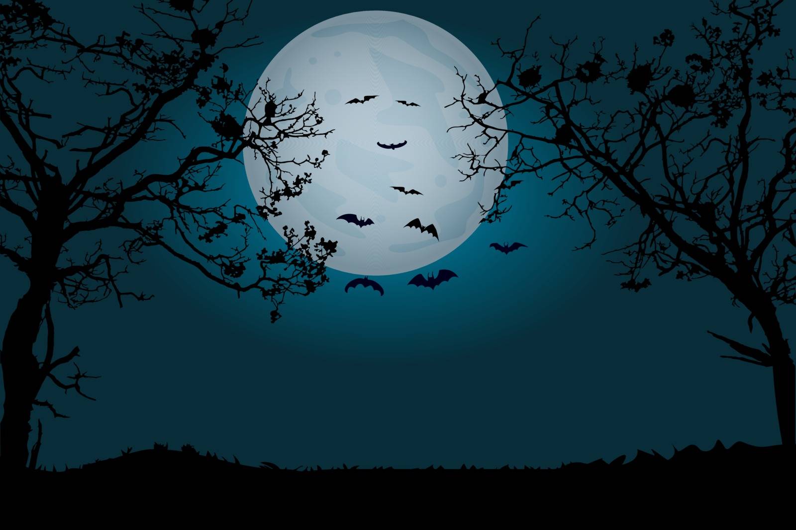 Night time with full moon view under big trees. Halloween night landscape scenery. Stock vector illustration