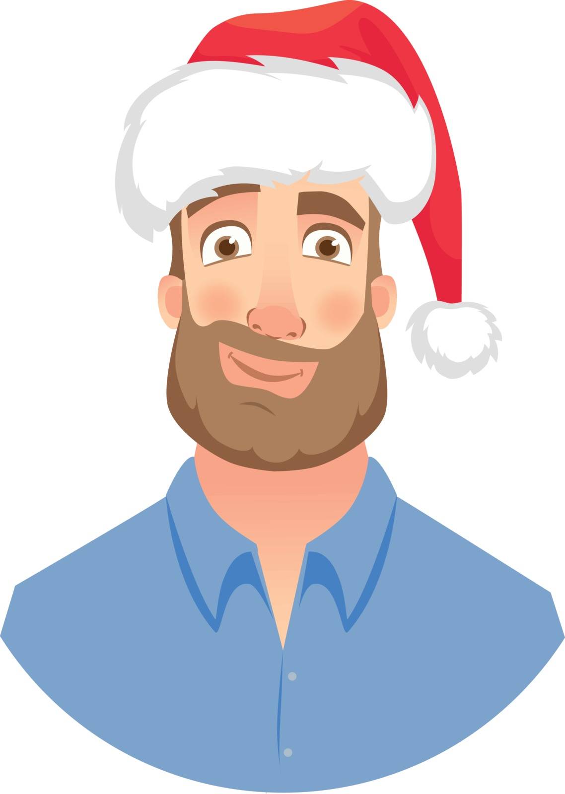 Businessman in Santa Claus hat. Smirking man. Face of man with beard