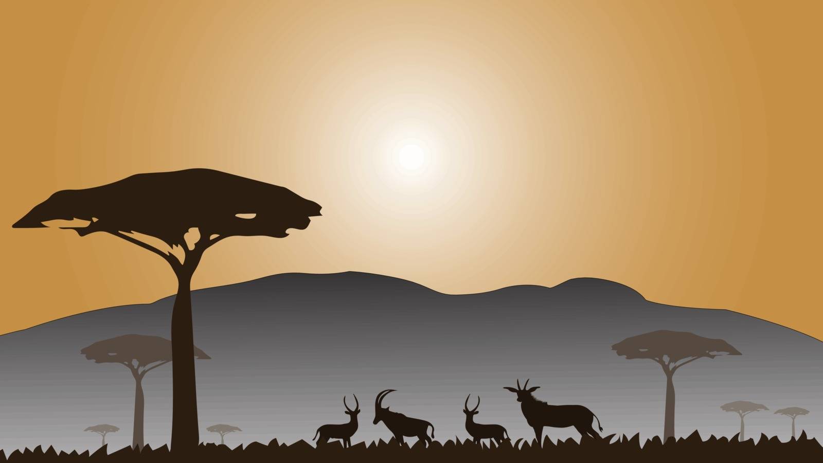 Full frame silhouette family of deer in the grassland on the multicolor background.