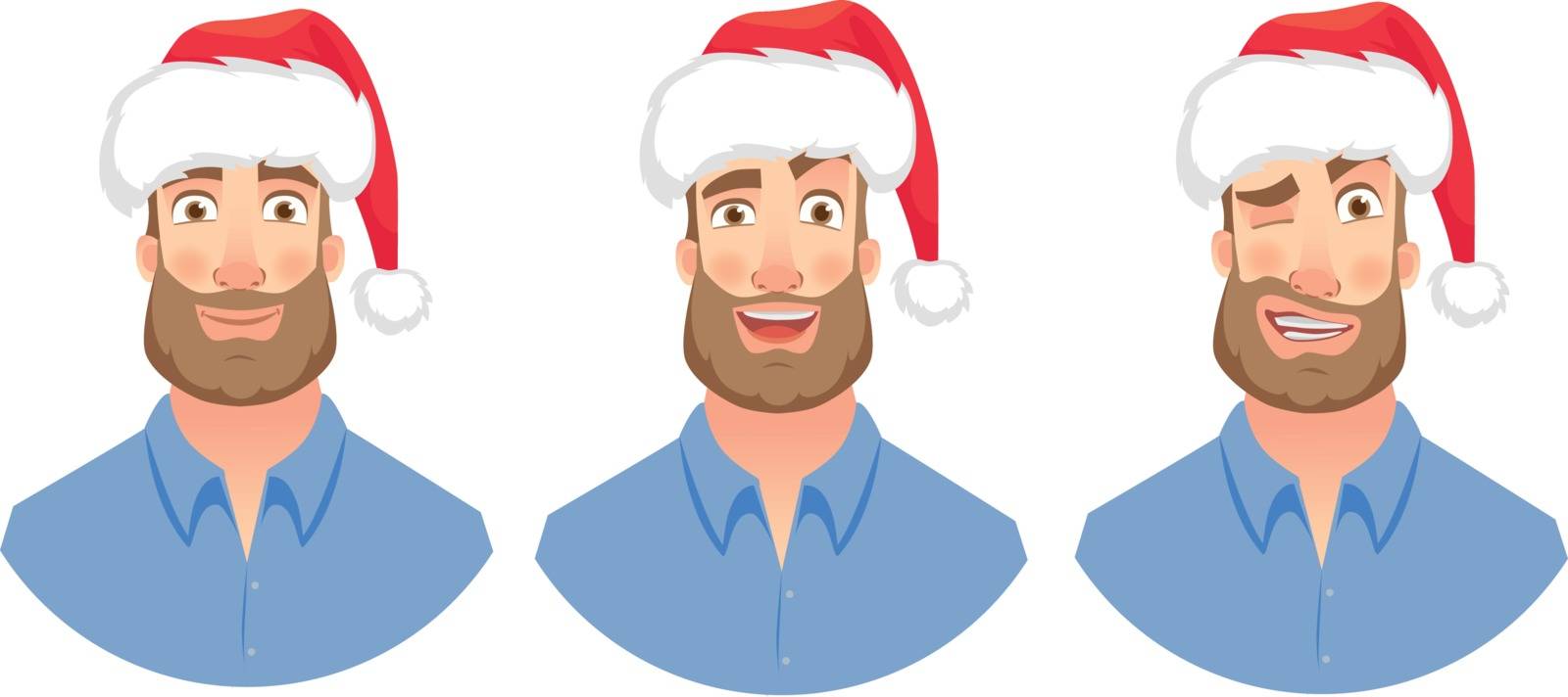 Businessman in Santa Claus hat. Man emotions set. Face of man with beard vector illustration
