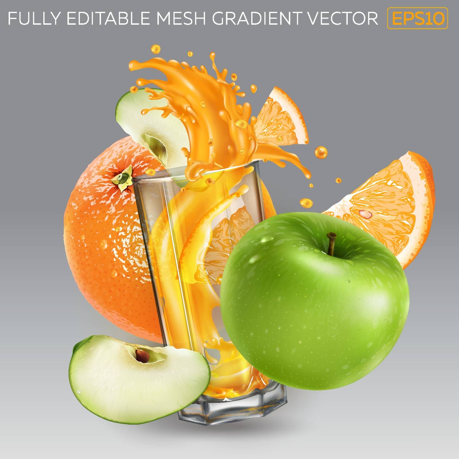 Composition of orange, green apple and a glass with a dynamic splash of fruit juice. Realistic vector illustration.