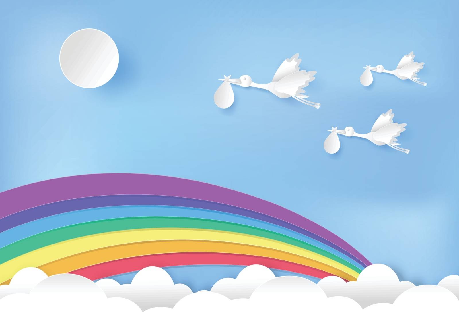 Paper art of stork flying with baby and rainbow on blue sky pape by Kheat