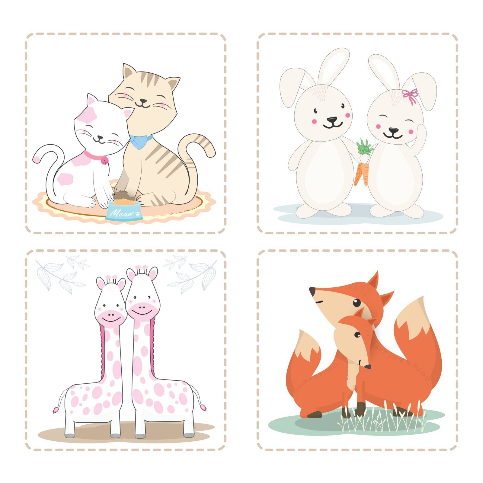 Set of cute animal couple cat, bunny, giraffe, fox cartoon character icon illustration