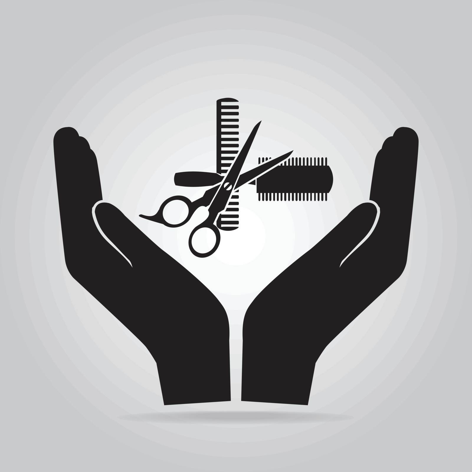 Hair salon with scissors and comb in hand icon by Kheat