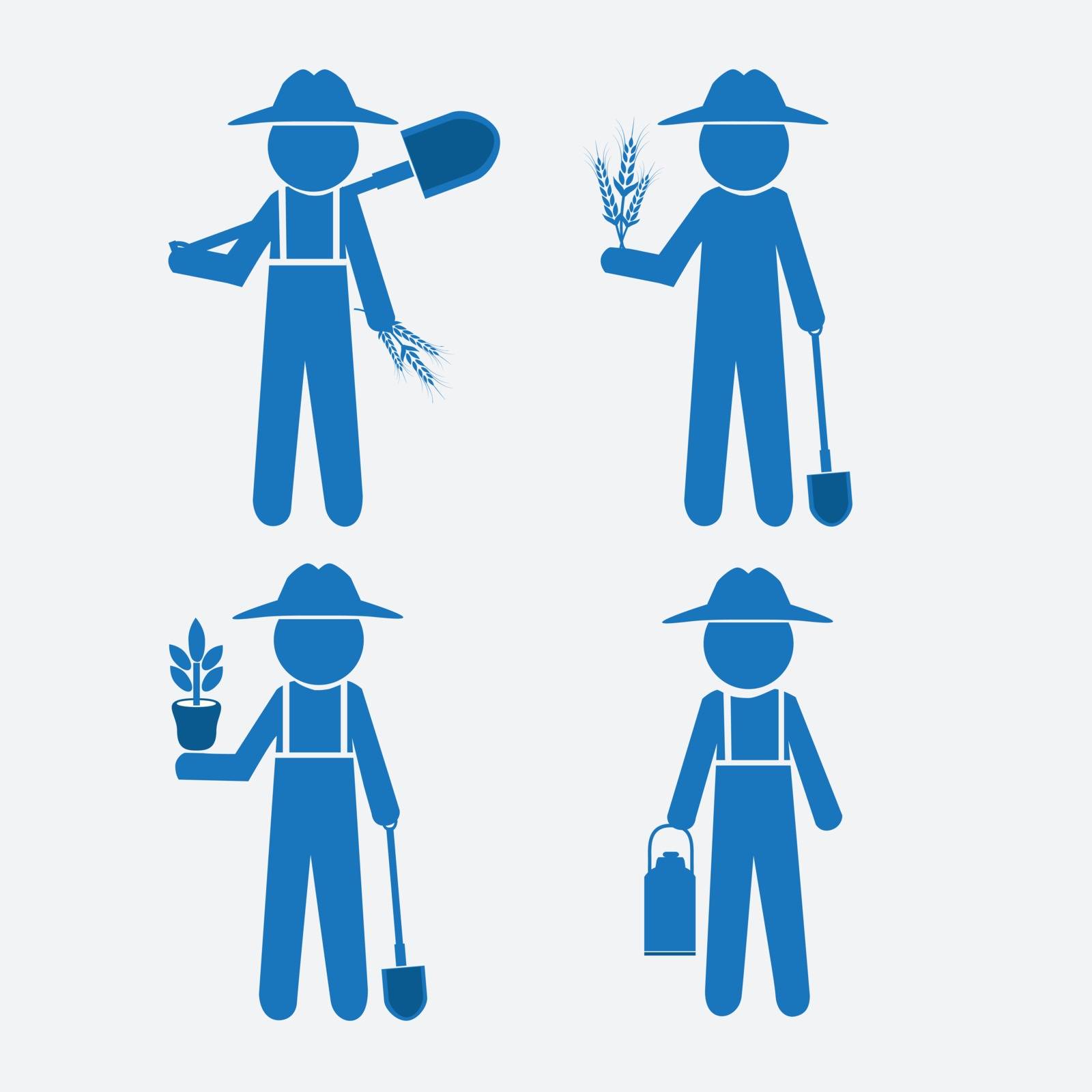 Farmer man and tool, set vector illustration