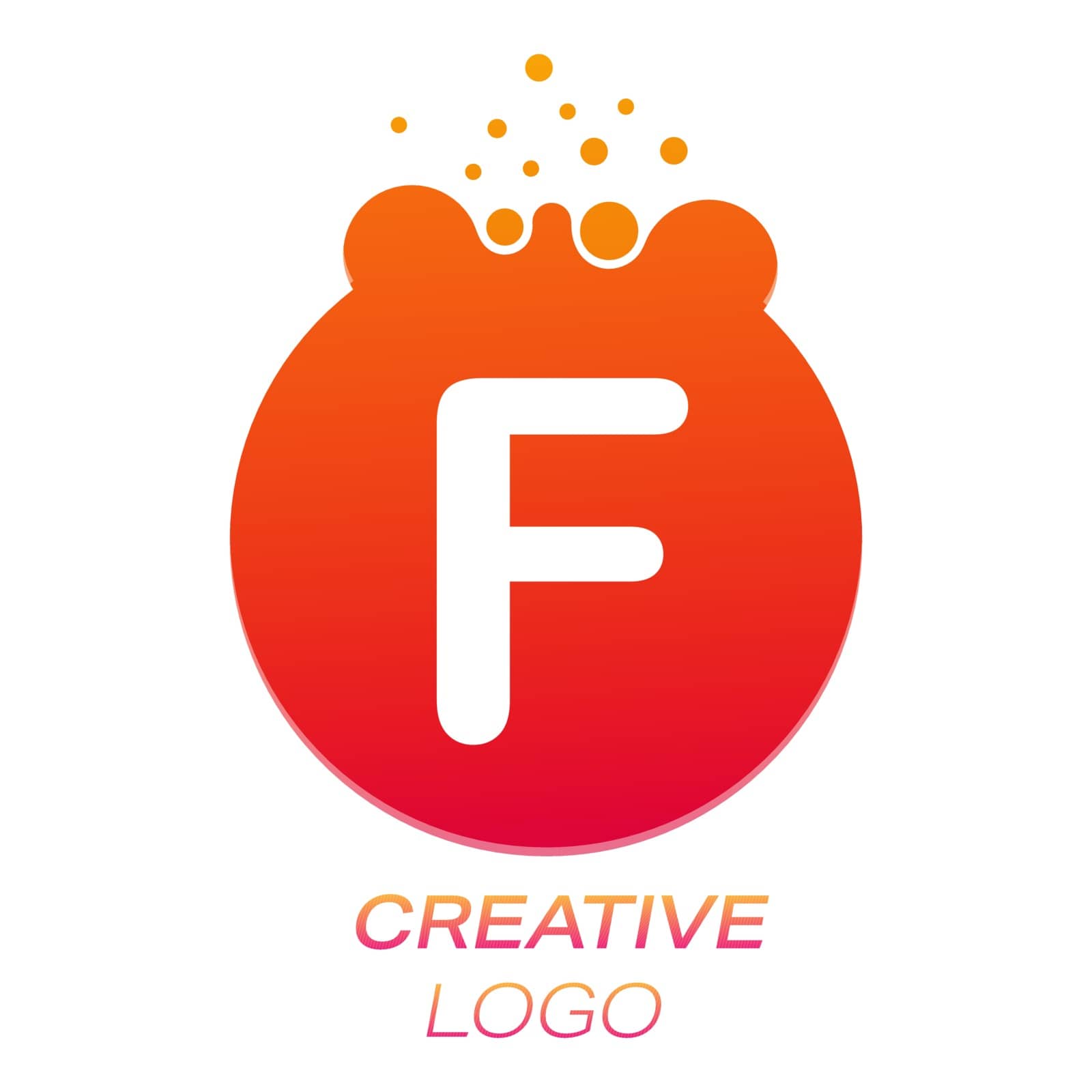 Creative logo. The letter F on a round dot with splashes. Vector illustration for logo, sticker, brand, sticker isolated on white background.