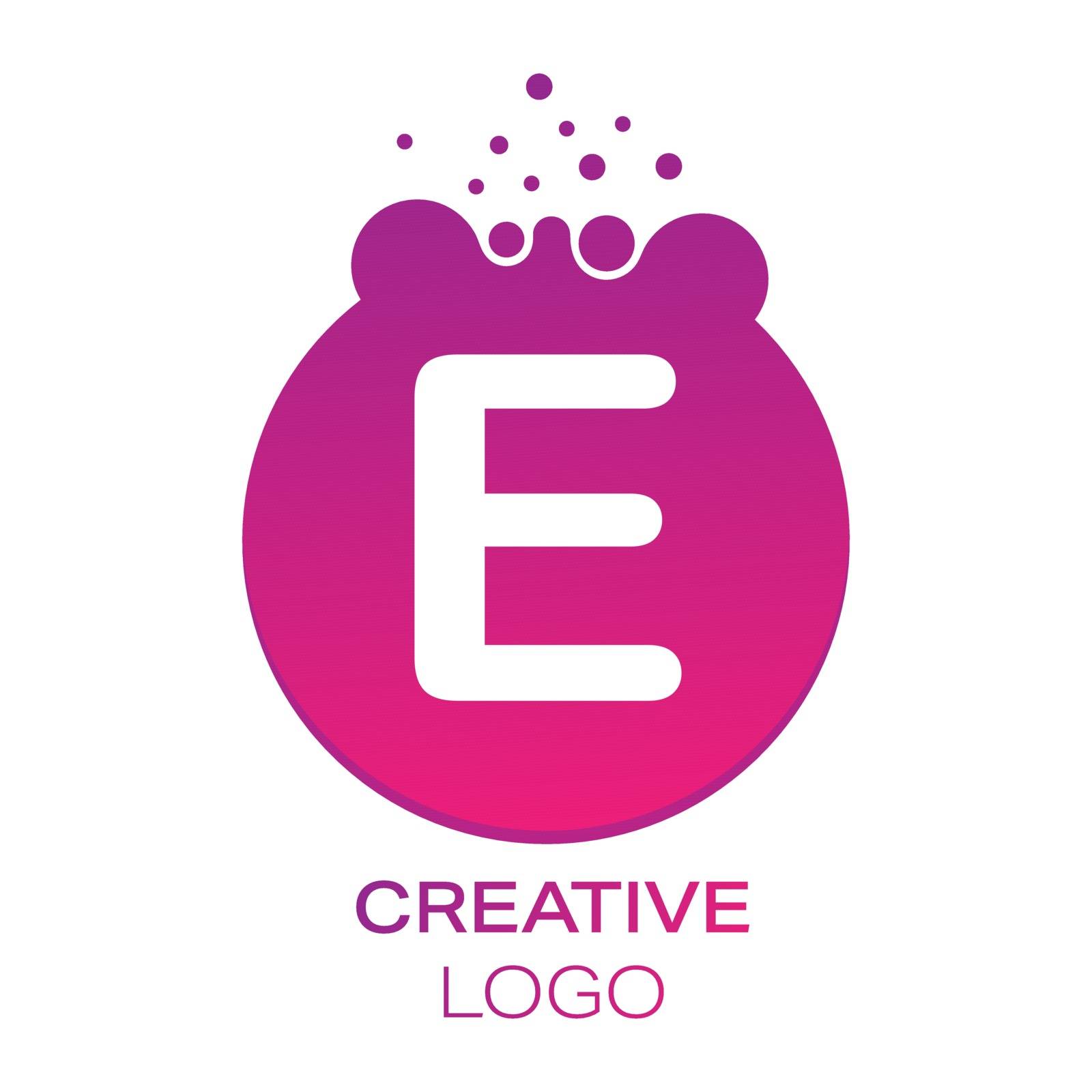 Creative logo. The letter E on a round dot with splashes. Vector by Grommik