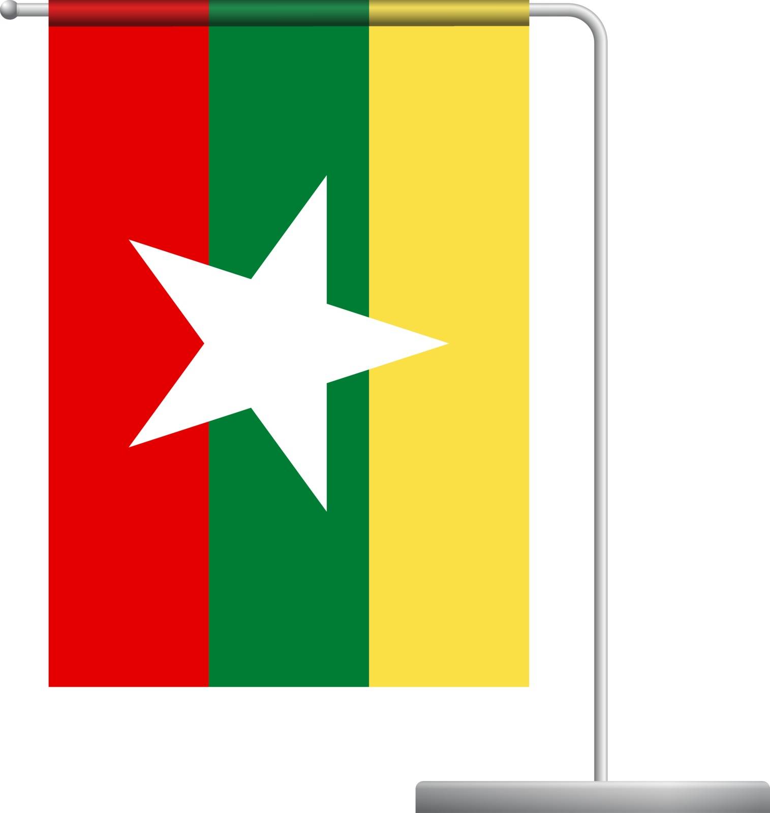 Burma table flag. Metal flagpole. National flag of Burma vector illustration