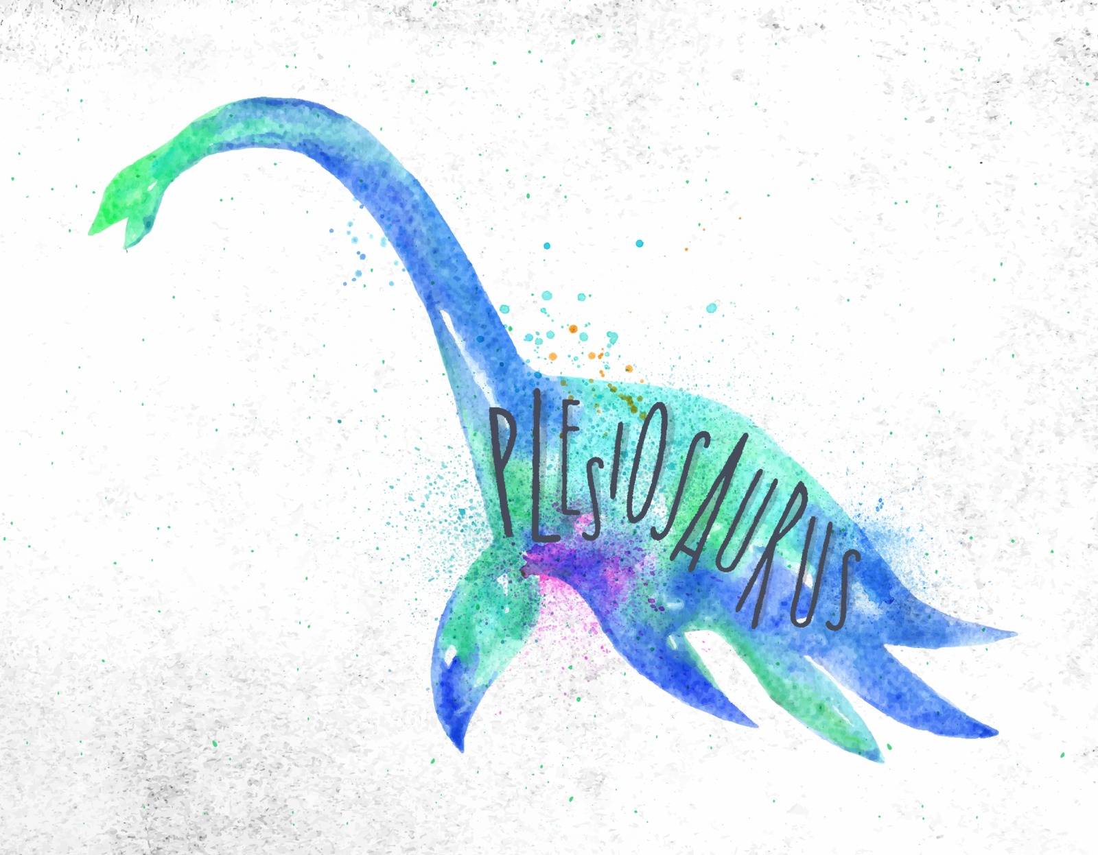 Dinosaur poster lettering plesiosaurus drawing with color, vivid paint on dirty paper background.