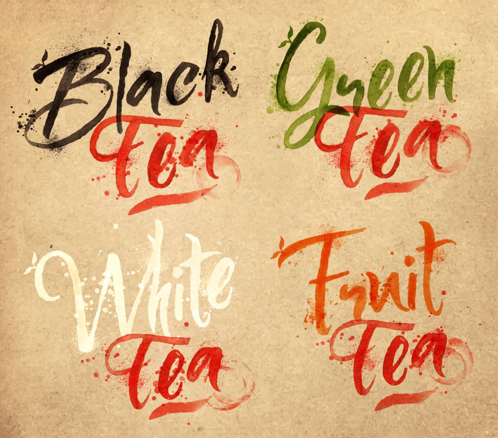 Drawn names of different kinds of tea, black, green, white, fruit drops of tea on kraft paper