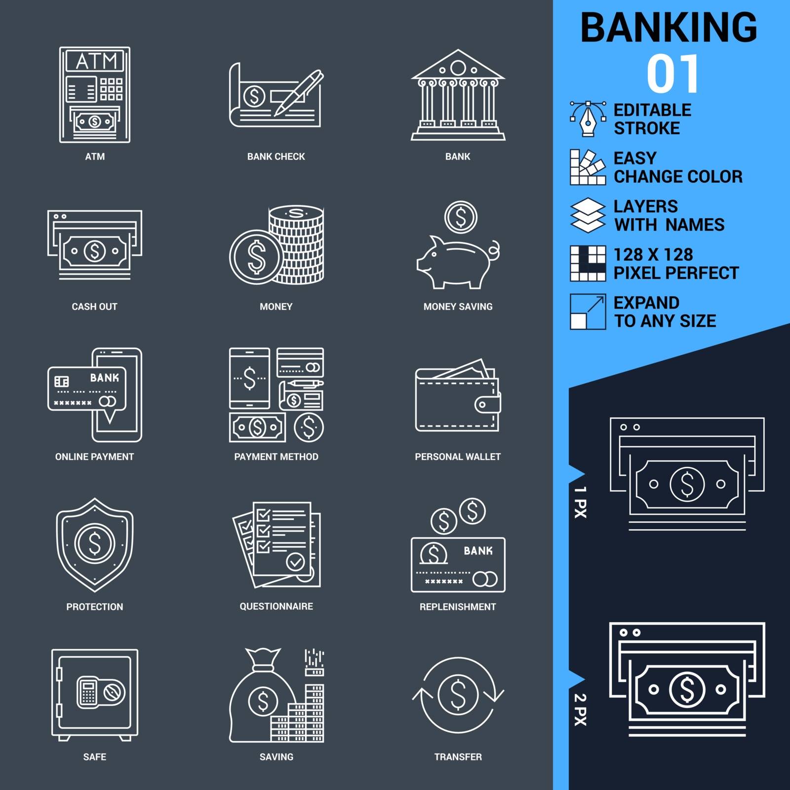 Banking icons set. Thin Line Vector Illustration - Adjust stroke weight - Expand to any Size - Easy Change Colour - Editable Stroke - Layers with Names