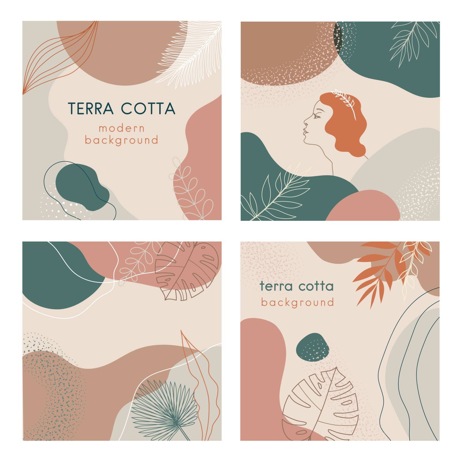 Social media banners set of abstract modern backgrounds with terra cotta pastel color combinations, shapes and tropical palm , monstera leaves, one line women face logo icon. For advertising, branding