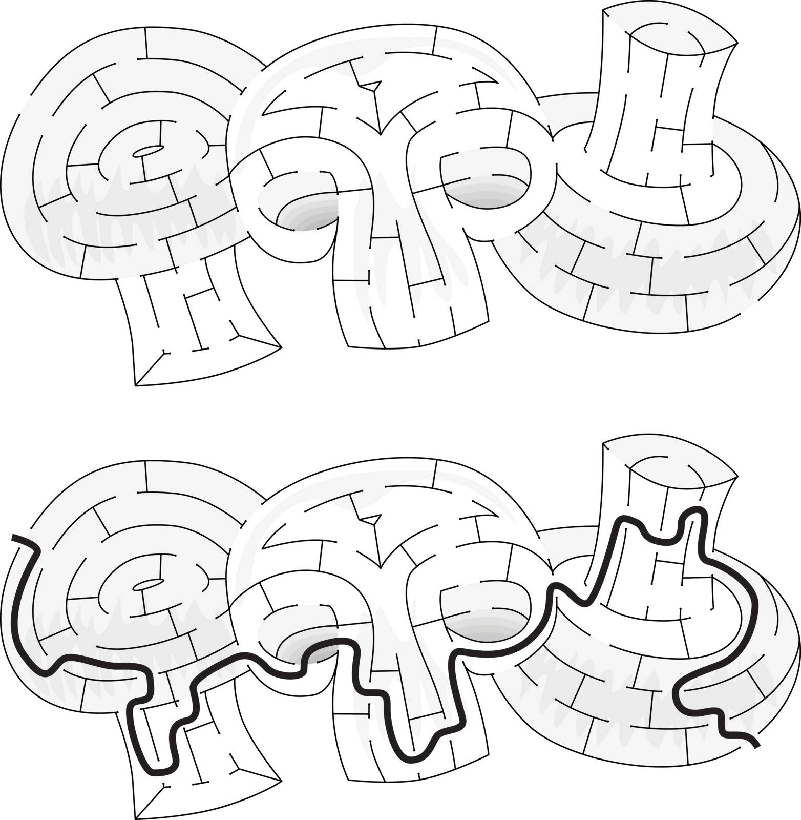 White mushrooms maze for kids with a solution in black and white