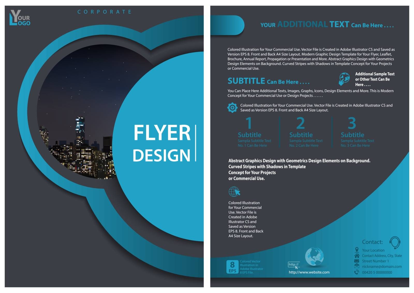 Modern Flyer Template with Geometric Design in Blue Tones - Layered Shapes with Shadows and Imaginary Illustration of Cityscape, Vector
