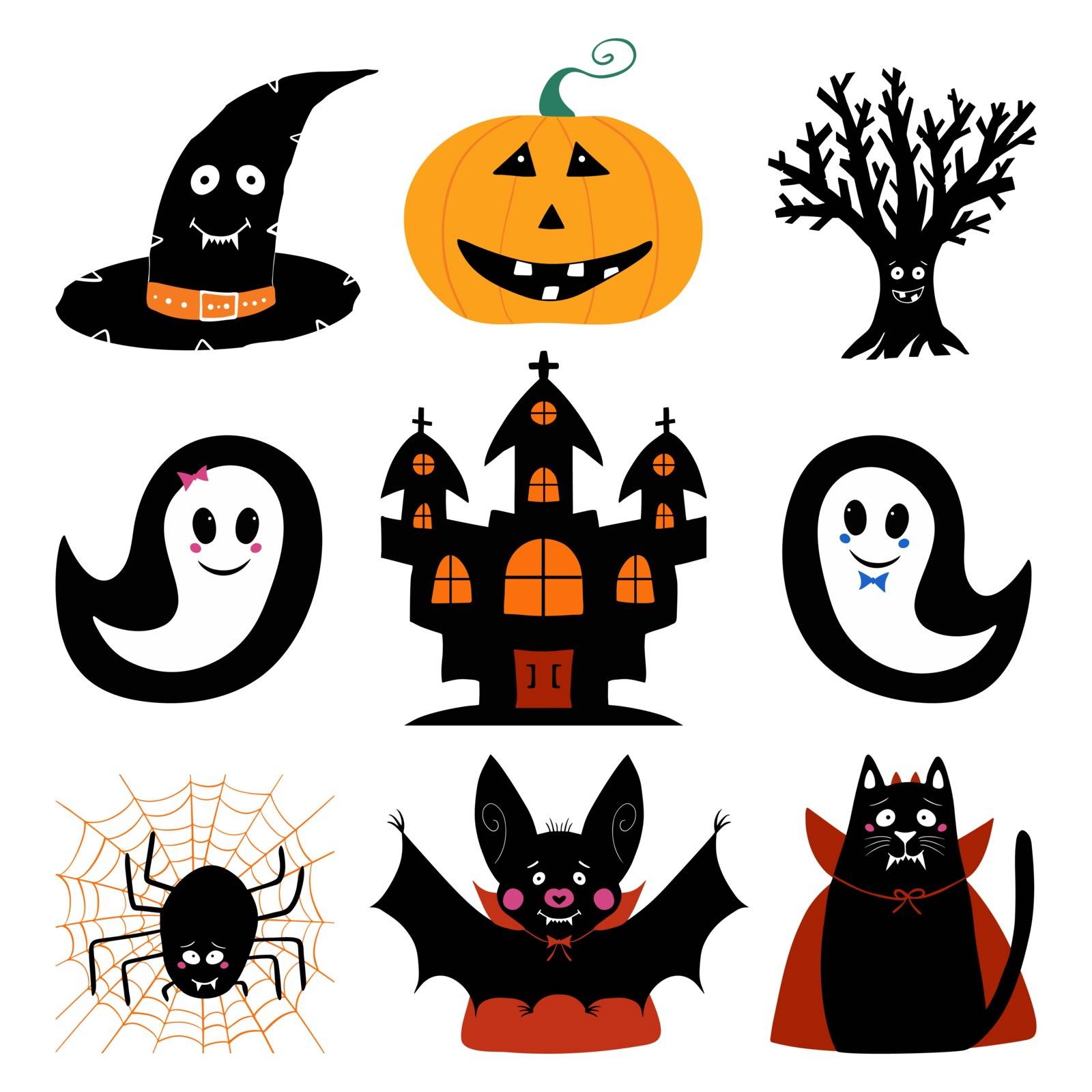 Jack o lantern, witch hat, dry tree, ghost, castle, bat, cat, spider. Halloween characters set. Isolated on white background. Vector stock illustration. by anna_artist
