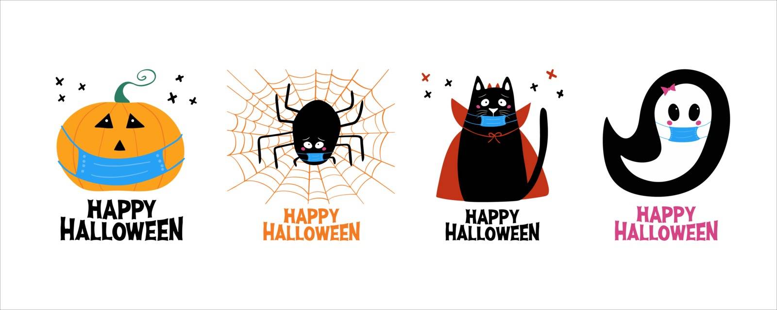 Quarantine Halloween greeting cards set. Jack o lantern, ghost, cat, spider in medical face mask. Isolated on white. Vector stock illustration.