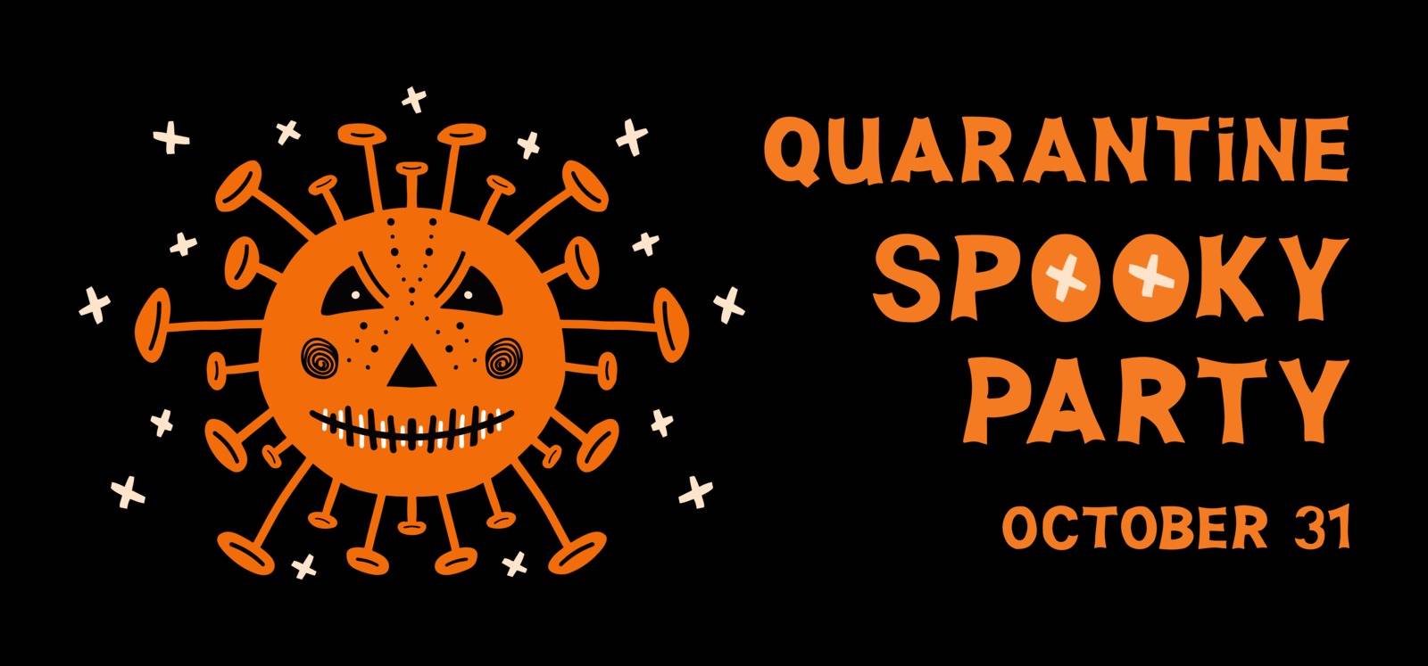 Halloween flyer. Coronavirus bacteria with scary face and orange lettering on dark background. Vector stock illustration.