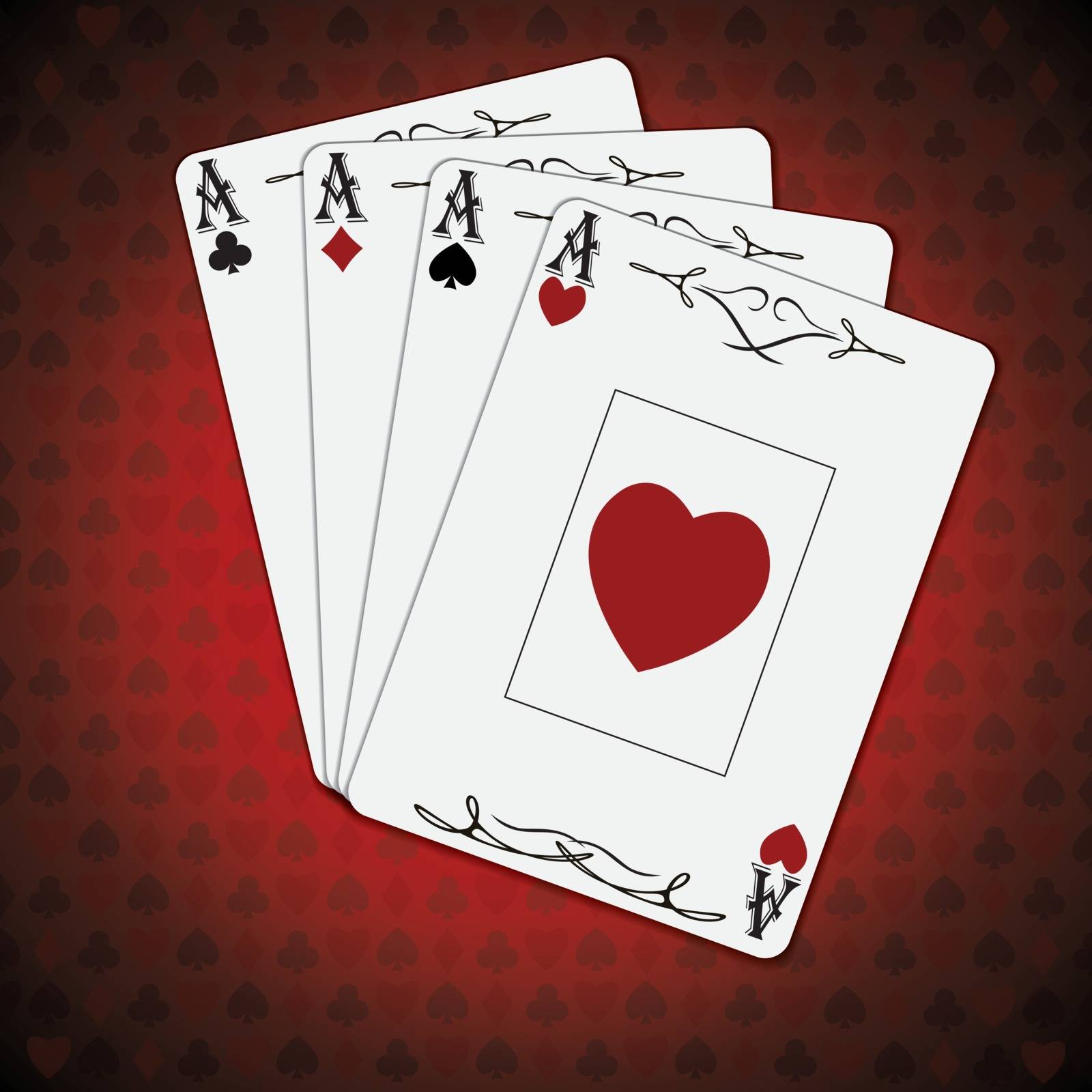 Ace of spades, ace of hearts, ace of diamonds, ace of clubs poker cards red white background by Lemon_workshop