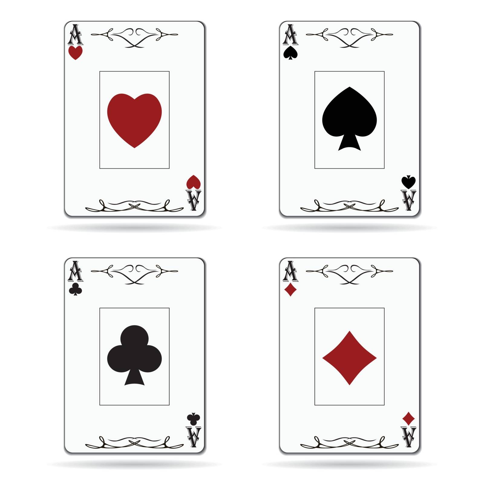 Ace of spades, ace of hearts, ace of diamonds, ace of clubs poker cards isolated on white background by Lemon_workshop