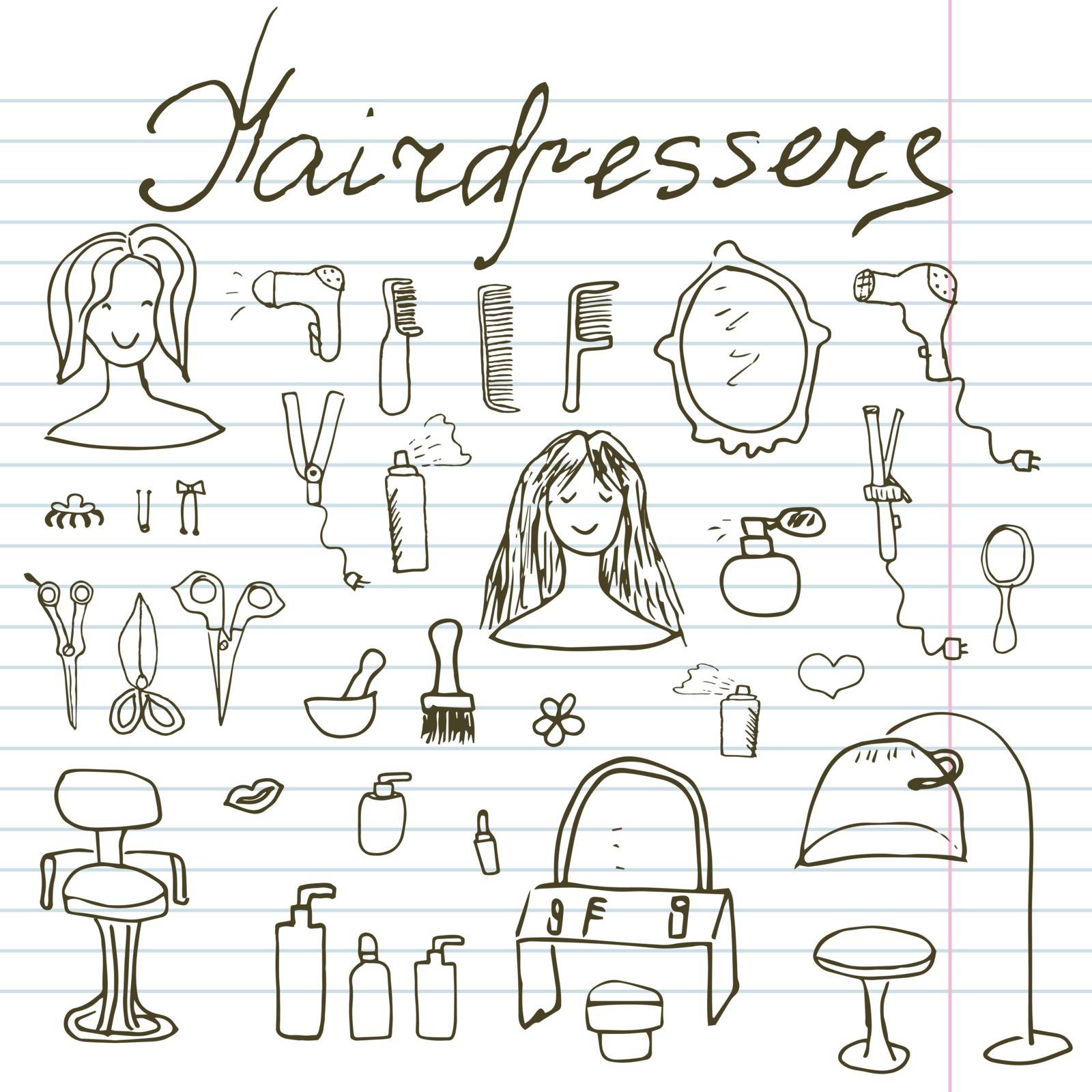 Hairdresser equipment doodles set. Hand-drawn sketch vector illustration, on paper notebook by Lemon_workshop