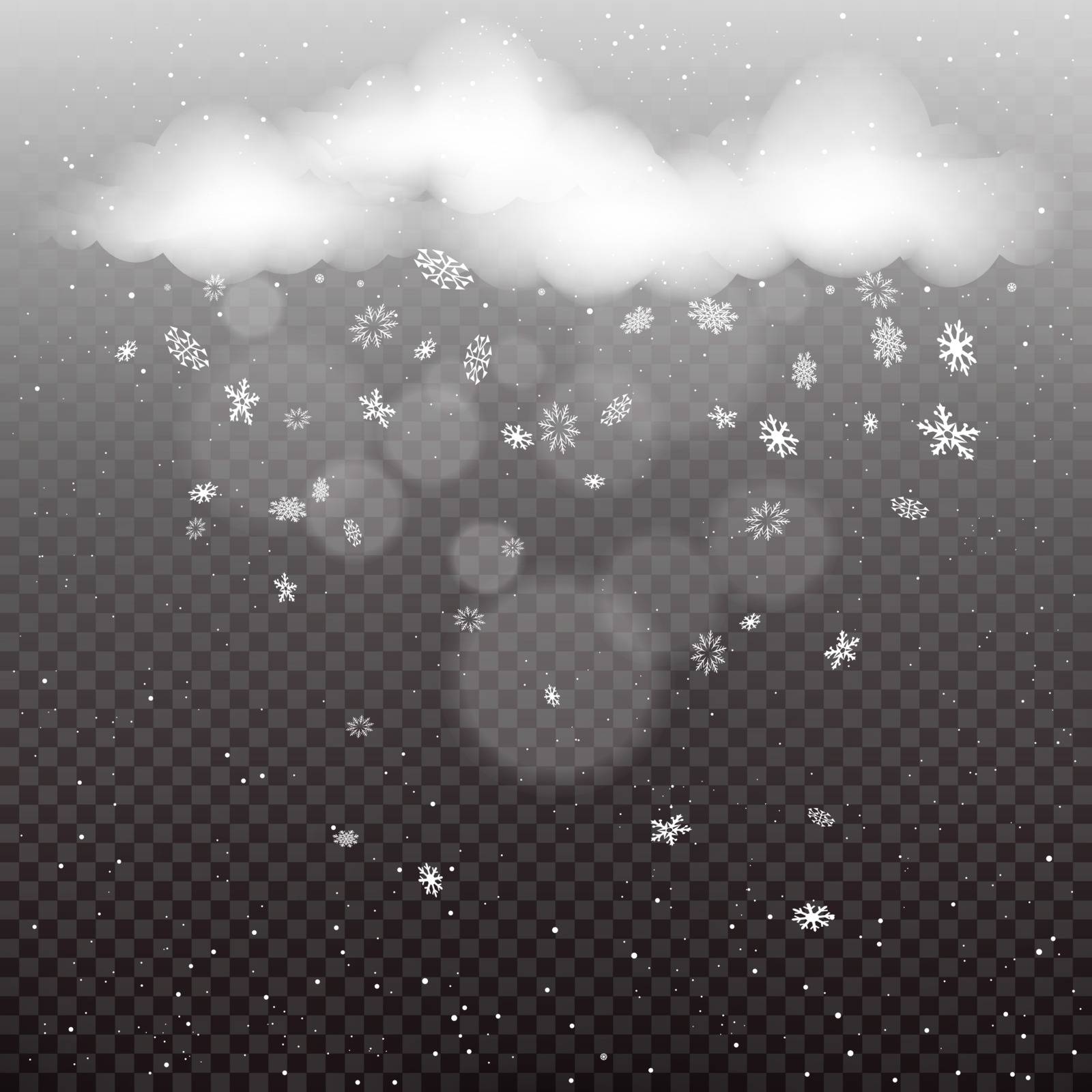 Clouds with snowfall template on dark background. Winter snow falling mockup. Christmas decoration backdrop