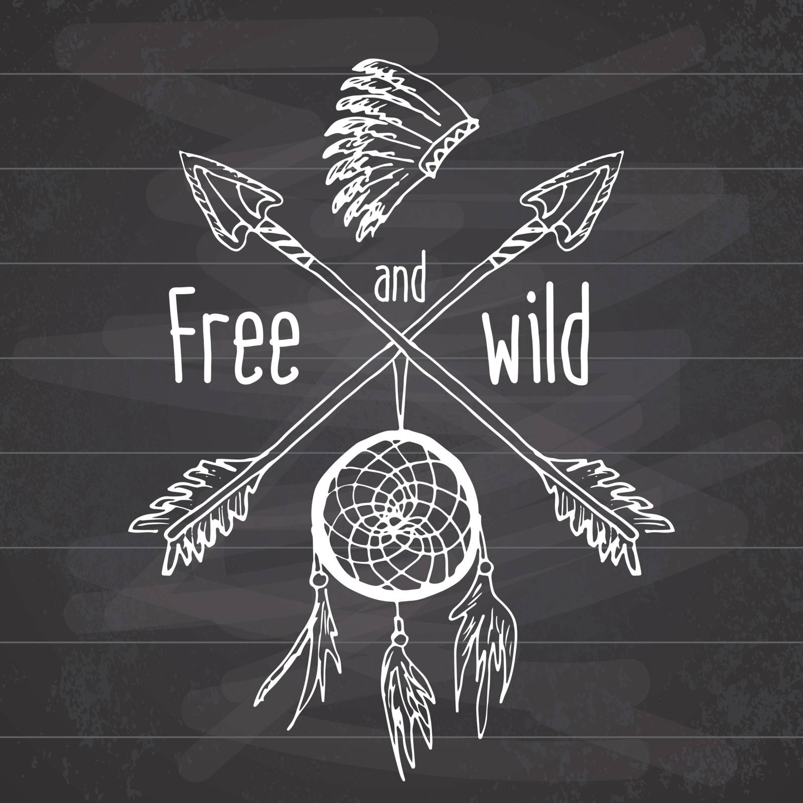Dream catcher and crossed arrows, tribal legend in Indian style with traditional headgeer. dreamcatcher with bird feathers and beads. Vector vintage illustration, Letters Free and Wild.