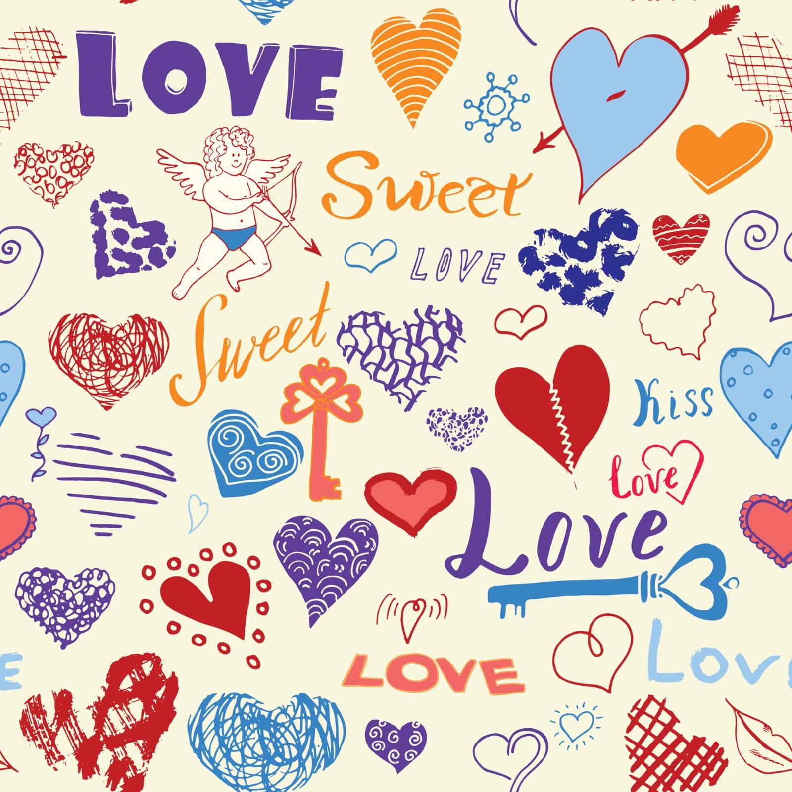 Valentines day hand drawn elements seamless pattern. Sketched doodle elements hearts symbols and lettering for wedding invitations, scrapbook, cards, posters. gift wraps