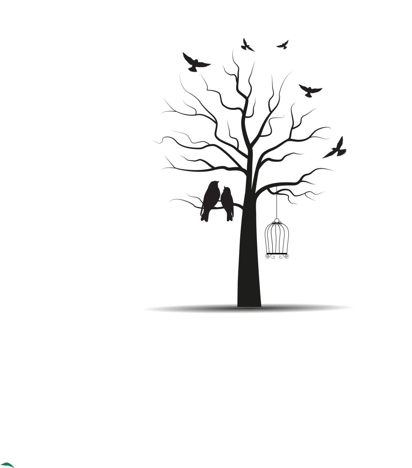 Vector illustration of a tree with cages and birds.