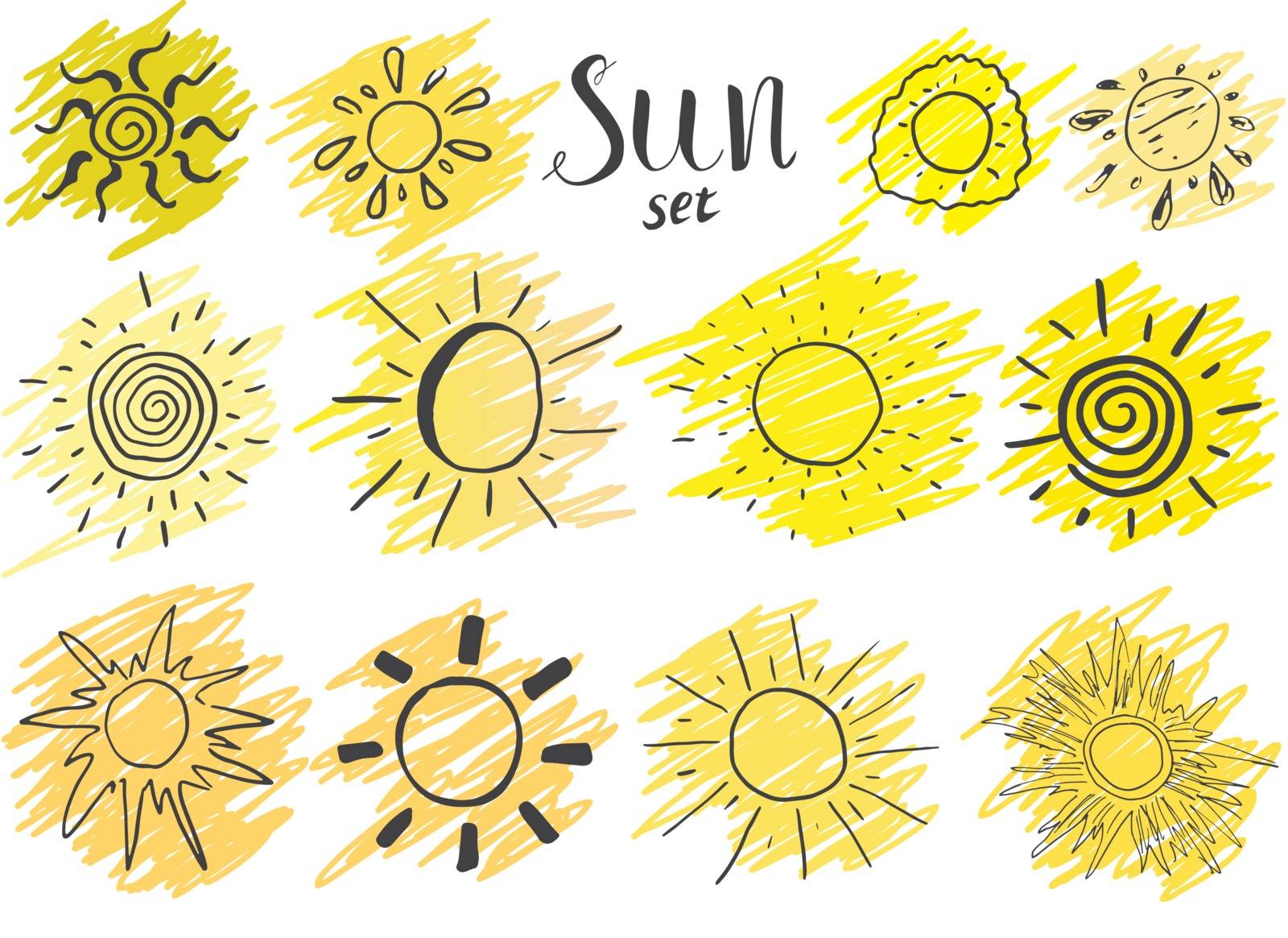Hand drawn set of different suns, sketch vector illustration isolated on white
