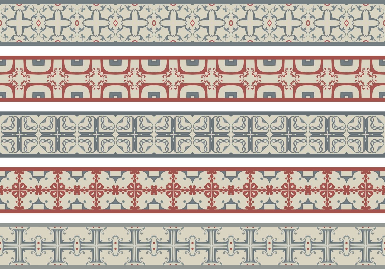 Set of five illustrated decorative borders made of abstract elements in beige, gray and red