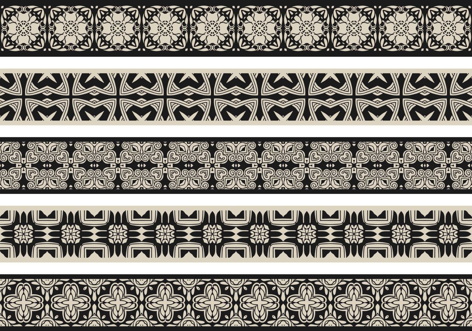 Set of five illustrated decorative borders made of abstract elements in beige and black