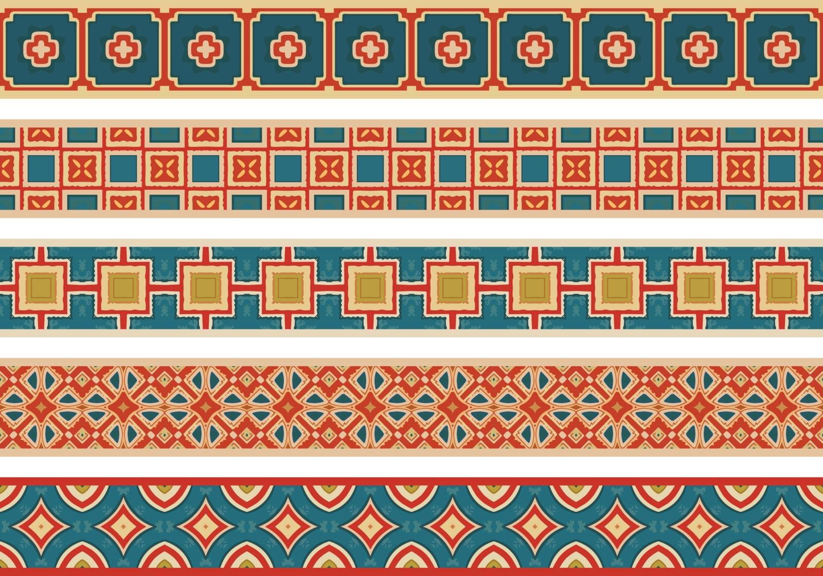 Set of five illustrated decorative borders made of abstract elements in beige, red, turquoise and yellow