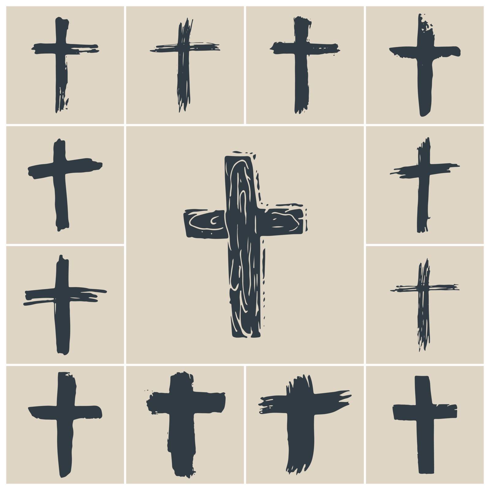 Grunge hand drawn cross symbols set. Christian crosses, religious signs icons, crucifix symbol vector illustration. by Lemon_workshop