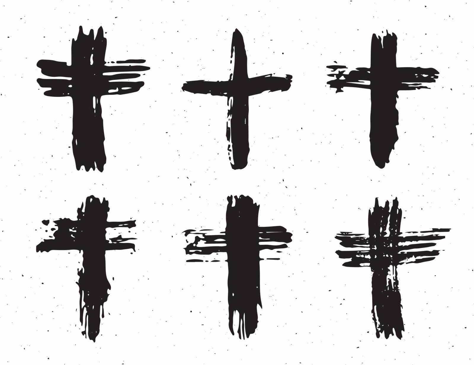 Grunge hand drawn cross symbols set. Christian crosses, religious signs icons, crucifix symbol vector illustration