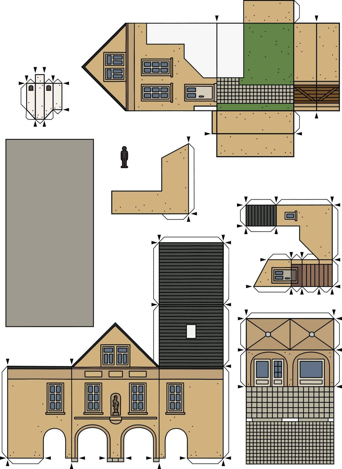 The vectorized hand drawing of an paper model of the old beige town burger house